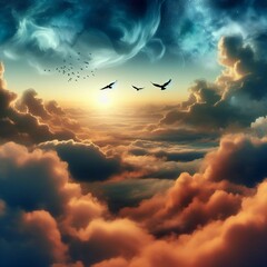 clouds in the sky with flying birds 