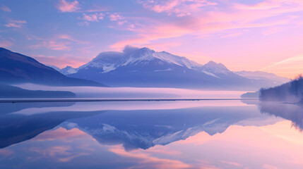 Early twilight skies painted with soft hues above a mirrored reflection of snow-capped mountains on a tranquil lake.