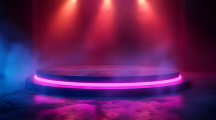 A pink neon circle stands over a circular platform in a dark space. The platform is surrounded by pink smoke.