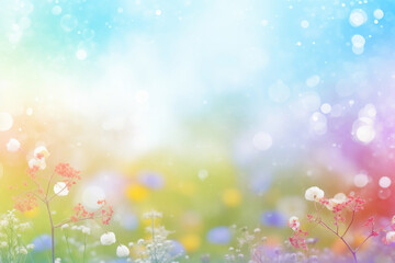 Beautiful multicolored spring meadow background with wild flowers and bokeh lights - obrazy, fototapety, plakaty