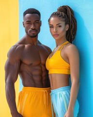 Fototapeta na wymiar Stylish Athletic Couple Against a Vibrant Background