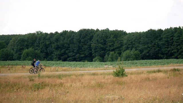 Idyllic calm rural landscape with cyclists on the road.