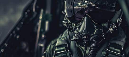 Close-up of fighter jet pilot. In the cockpit, the pilot's eyes are a reflection of the countless hours of training and preparation. Photo with copy space.