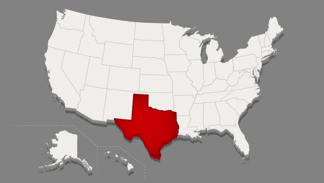 The state of Texas is highlighted in red on a minimalistic map of the USA in white on dark background. Thin clean lines video animation. High quality 4k footage. 