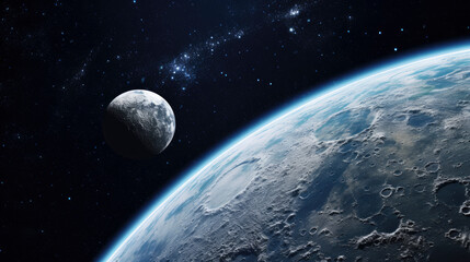 Close-up view of the moon with planet Earth in the background - obrazy, fototapety, plakaty
