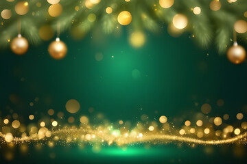 Obraz na płótnie Canvas Green background with golden light effects. Horizontal background with bokeh blur effects for Christmas. photo platform AI platform