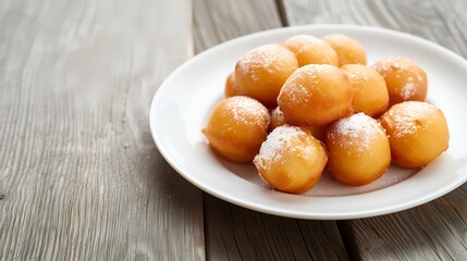Naklejka na ściany i meble Sweet dumplings with sugar on a white plate on a wooden table
