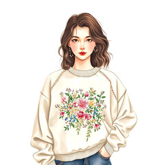Woman wearing floral embroidered shirt,vintage style,minimal style,cute girl,Fashion girl, Watercolor girl, Minimalist Chic, flower,girl png