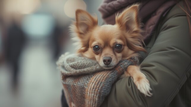 The cute dog is sitting in arms. A woman holds a small fluffy dog in her arms on a city street. Horizontal photo.