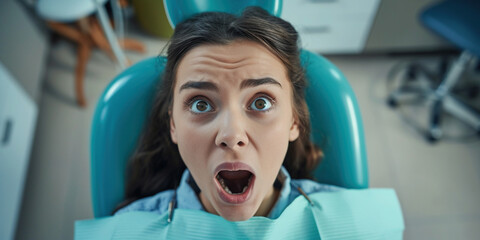 Funny female for dentistry. People treatment teeth, medical checkup concept. Adult scared shocked woman with open mouth sitting in dentist's chair while having oral care