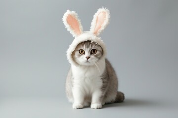 Fototapeta premium A cute cat, adorably dressed in a fluffy bunny ears hat, gazes upwards with big, soulful eyes against a soft grey background.