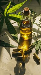 A Glass Bottle of CBD Oil, Accentuated by Hemp Leaves and Capsules, Bathed in Sunlight.