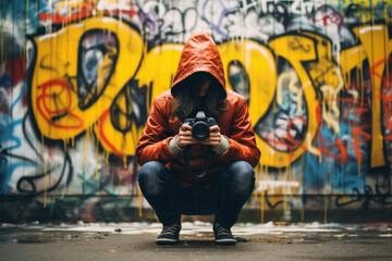 Photographer capturing graffiti in a city alley way, exploring the rebellious spirit and raw energy of street art. - obrazy, fototapety, plakaty