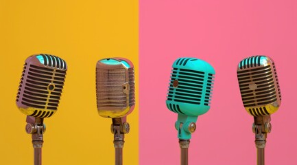 four microphones are on a yellow and pink background