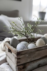Easter colorful eggs in home decor, Easter design, flowers on the table, Easter decor ideas, spring