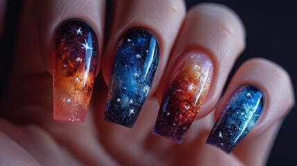 Nail Art Inspired by Meteor and Nebula, Featuring Quantum Wave Tracking Elements. The Design Radiates Luxury with Sparkling Glitter Accents.