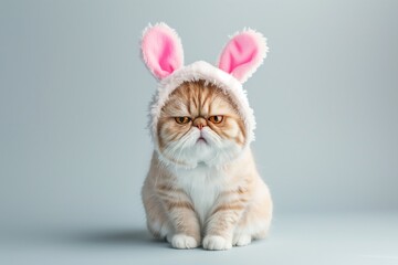 A cute cat, adorably dressed in a fluffy bunny ears hat, gazes upwards with big, soulful eyes against a soft grey background.