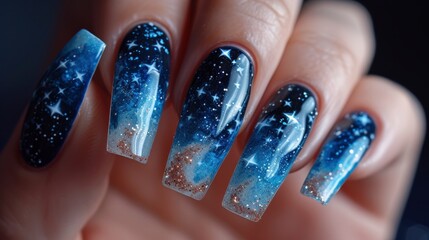 Nail Art Inspired by Meteor and Nebula, Featuring Quantum Wave Tracking Elements. The Design Radiates Luxury with Sparkling Glitter Accents.