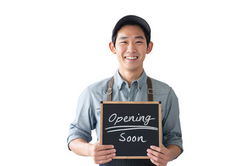 A smiling man, holding a chalkboard with the message "Opening soon", radiating warmth and friendliness while engaging with customers