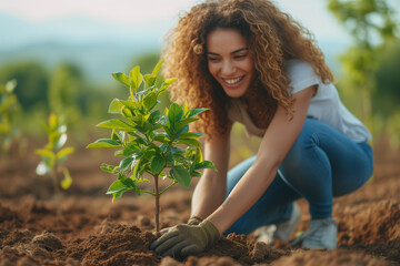 A woman planting a tree sapling, symbolizing the act of nurturing and encouraging growth.Green power