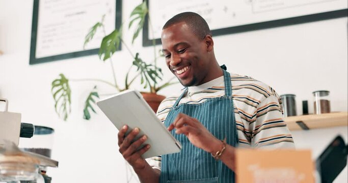 Barista, black man or tablet for coffee shop menu or online order or website in cafe or startup. Small business owner, happy or waiter with technology for stock inventory or price checklist in store