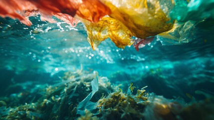 Underwater view of plastic pollution floating amongst marine plants, highlighting the environmental issue of ocean contamination