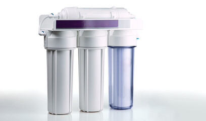 Three stage home water filtration system isolated on a white background.
