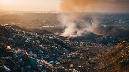 A dystopian landscape of a vast landfill with piles of waste and plumes of smoke against a city skyline, illustrates the pressing issue of urban pollution