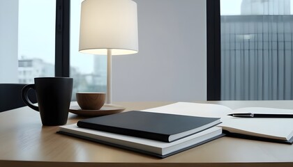 open book with pen on the work table. Minimalistic and simplistic office, work place. 