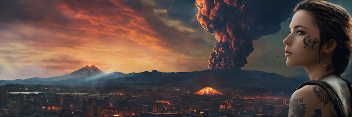 A person on the background of a volcano, picture. A volcanic eruption destroys everything