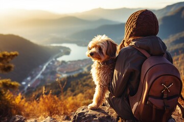 Sea and mountain view background. beautiful smile of tourist woman. she's traveling with dog. they are best friend.  - obrazy, fototapety, plakaty