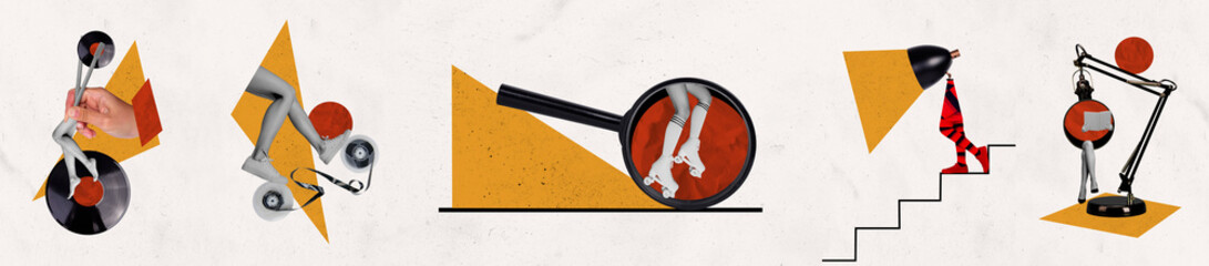 Collage panorama of headless person chopsticks hold vinyl plates legs hanging near videocassette...