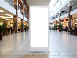 White roll up mockup poster stand in an shopping center
