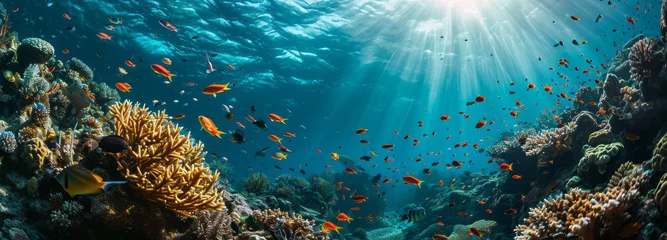 Foto op Plexiglas Sunbeams cascade through the clear blue waters of a vibrant coral reef teeming with diverse fish, creating a mesmerizing underwater dance of light and life © DJSPIDA FOTO