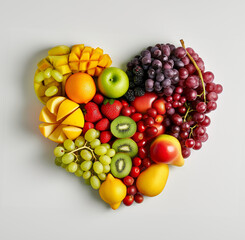 Heart Shaped Arrangement of Fruits and Vegetables, top table photo of various colorful tropical fruit, berries and grapes arranged in heart shape on white background