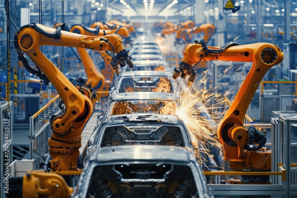 Poster digitalized car factory using industry 4.0 concept with automated robot arms ai computer vision and 