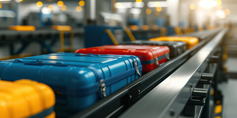 Baggage suitcases moving on an airport luggage conveyor belt in an empty airport arrivals hall arrival claim