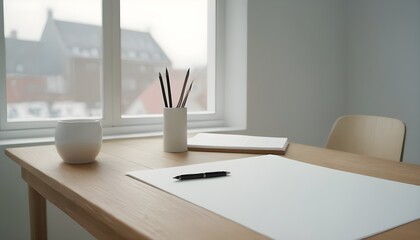 coffee with pen on the work table. Minimalistic and simplistic office, work place.