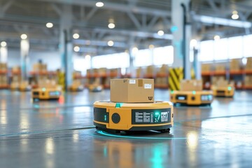 Automated 3D robots deliver goods in retail warehouse.
