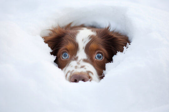 A dog hiding under the snow. Only half of its head is visible. Winter, cute.
