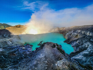 Landscape view of Mount Ijen (Kawah Ijen) Crater Lake in East Java, Indonesia.