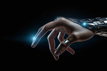 A half-human, half-robot hand, on a black background.
