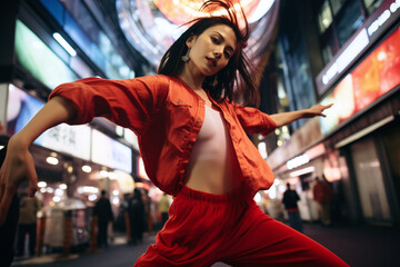 Woman, dancing doing a street performance at night in Japan. Asian person, creative and art in urban city.