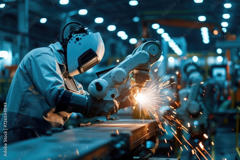 Poster manager engineers control automation in intelligent factory with robot arms.