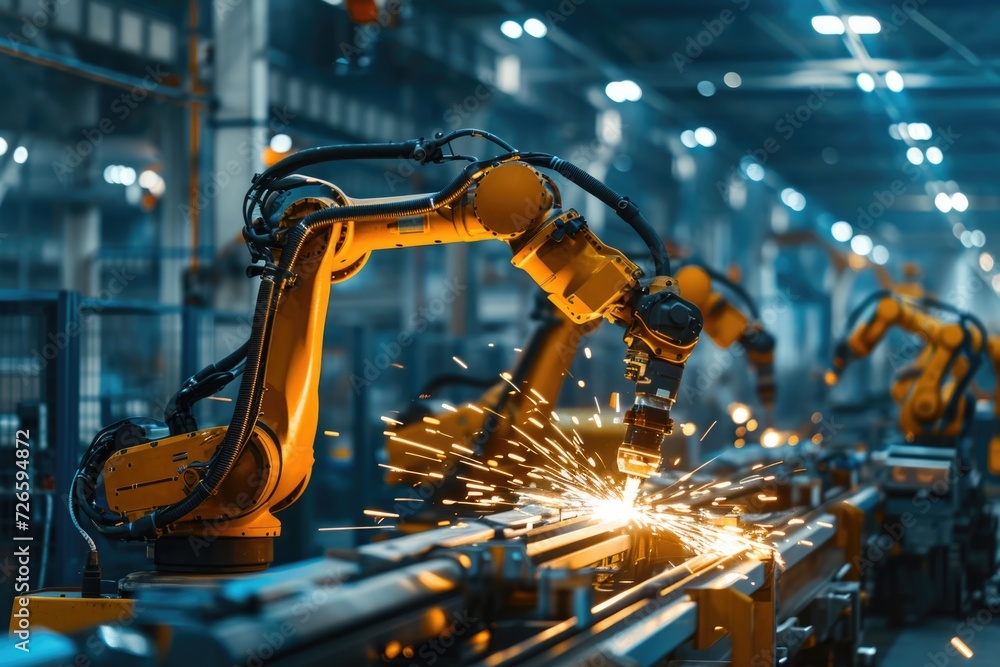 Poster manager engineers control automation in intelligent factory with robot arms.