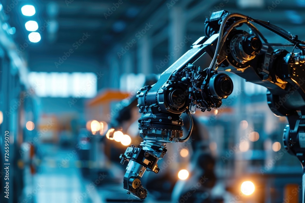 Poster robotics industry: hightech facility with moving robot arm