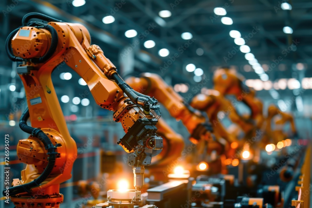 Poster robotics industry: hightech facility with moving robot arm