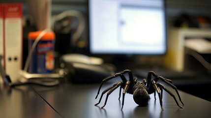 A classic "fake spider" prank set up in a coworker's office, causing laughter and shrieks of surprise on April Fools' Day.