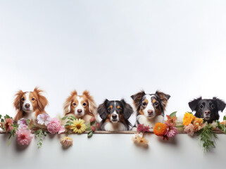 A row of dogs sitting at table decorated with flowers. Spring advertising banner for veterinary clinic or pet store mockup.