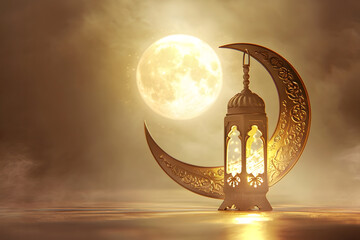 golden lantern and moon over the golden Muslim crescent background, Islamic greeting Eid Mubarak cards for Muslim Holidays - obrazy, fototapety, plakaty